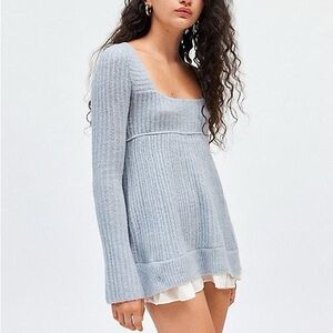 Urban Outfitters Gray Ribbed Scoop-Neck Knit Sweater Top with Cream Trim